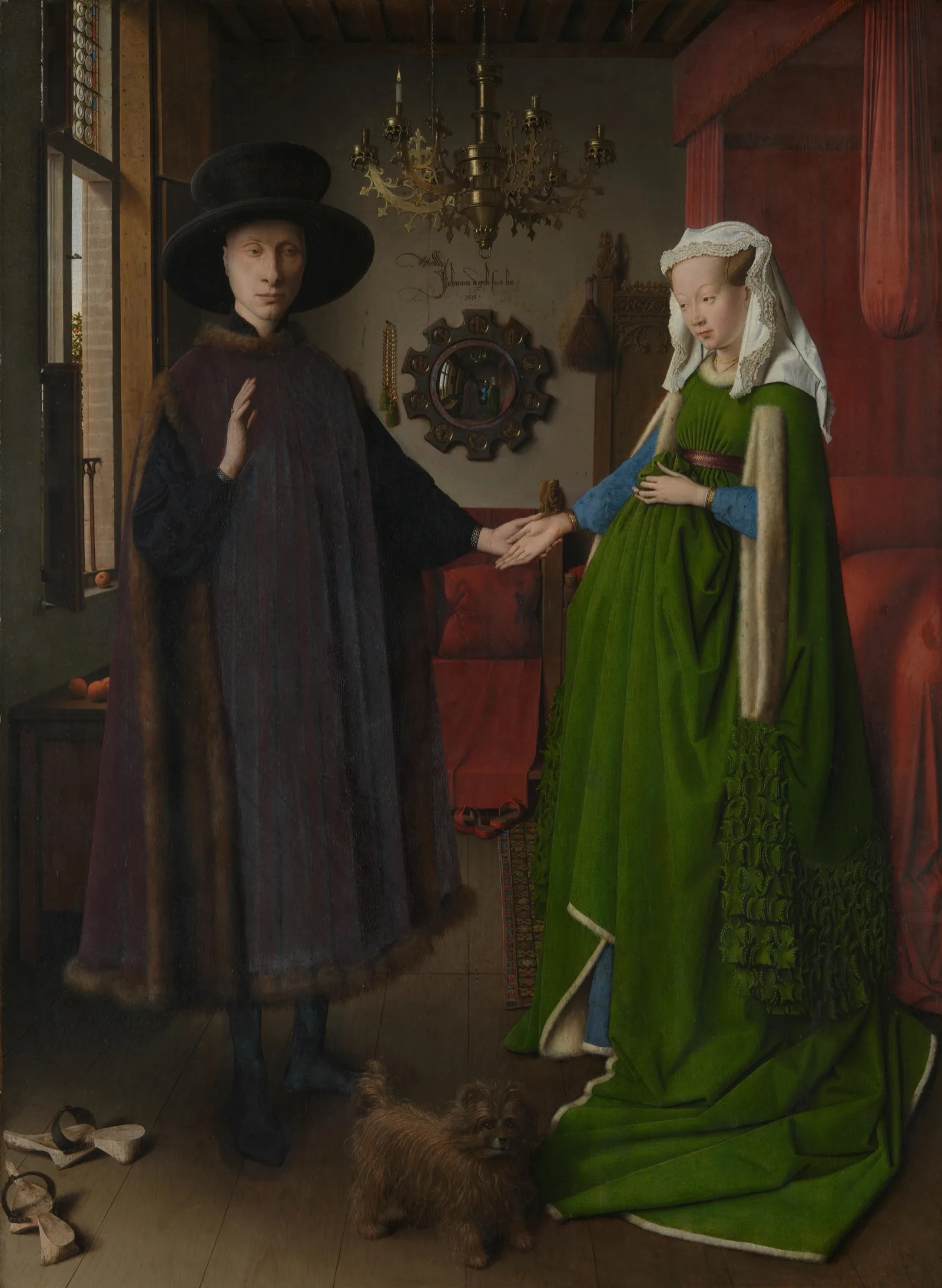 A fifteenth-century couple joining hands in a bedroom, the Arnolfini Portrait