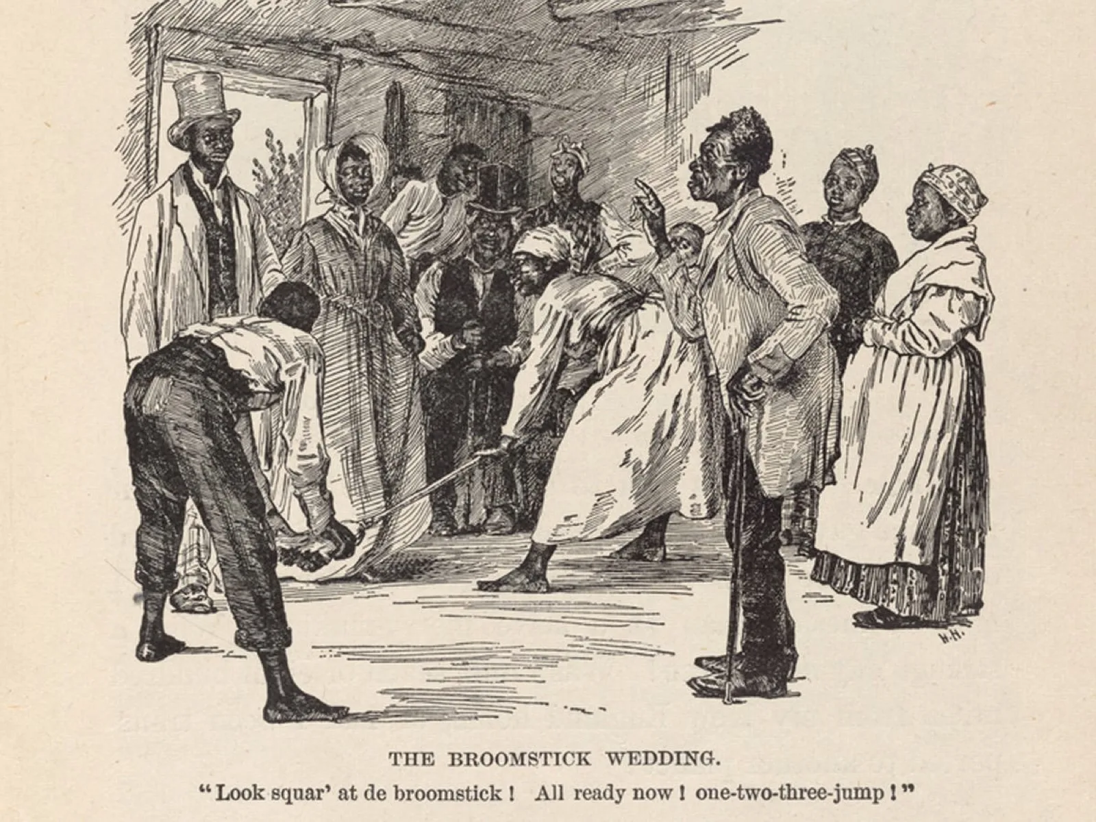 An 1899 illustration of a couple jumping over a broom