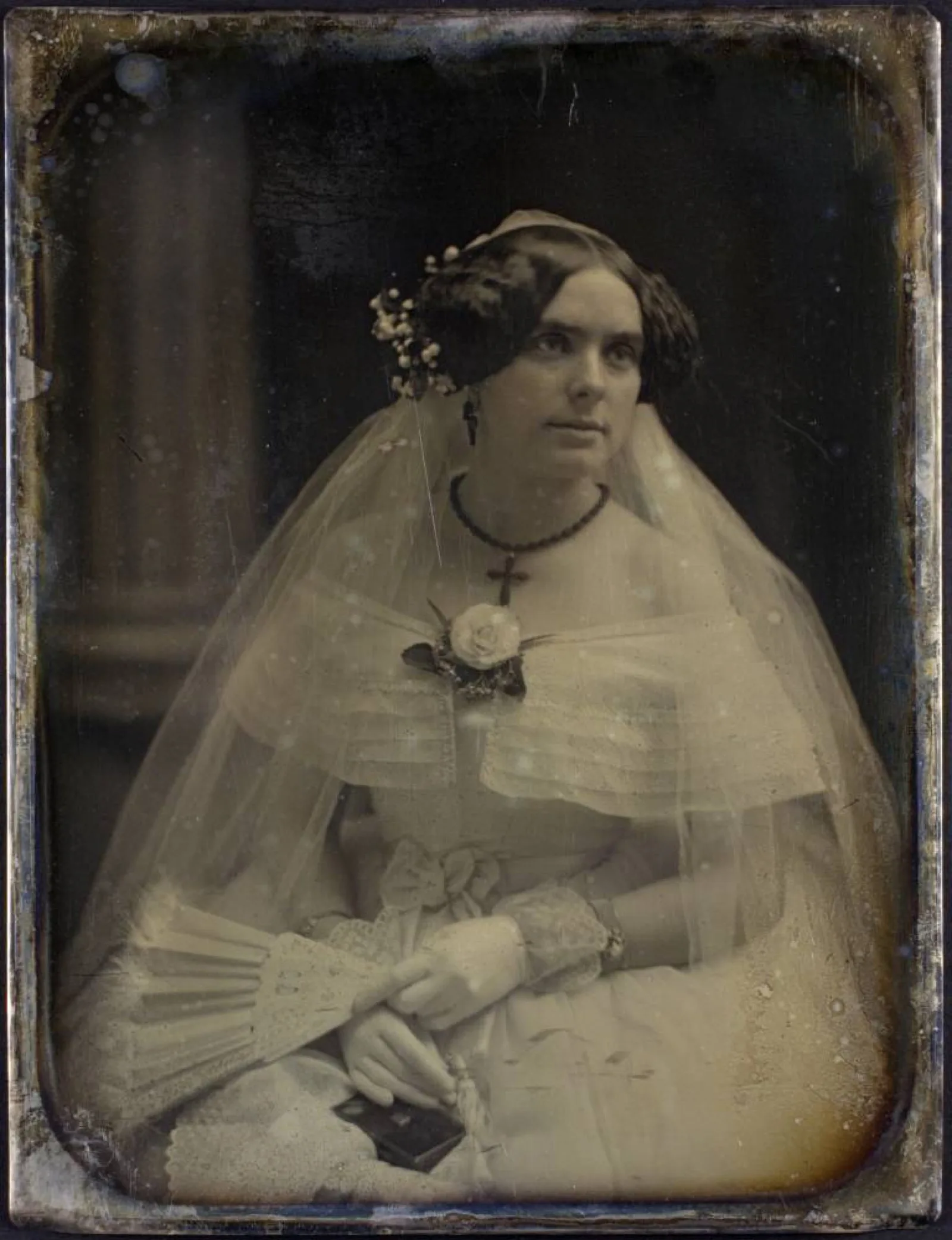 A daguerreotype of a seated bride, about 1850