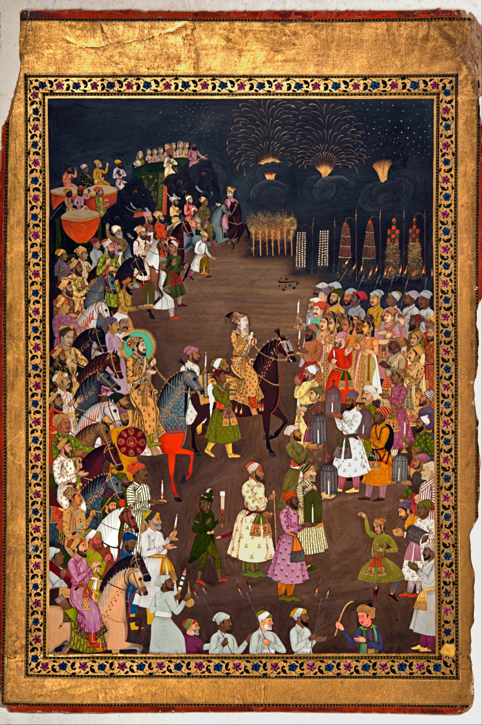 A Mughal miniature of a wedding procession with elephants and torches