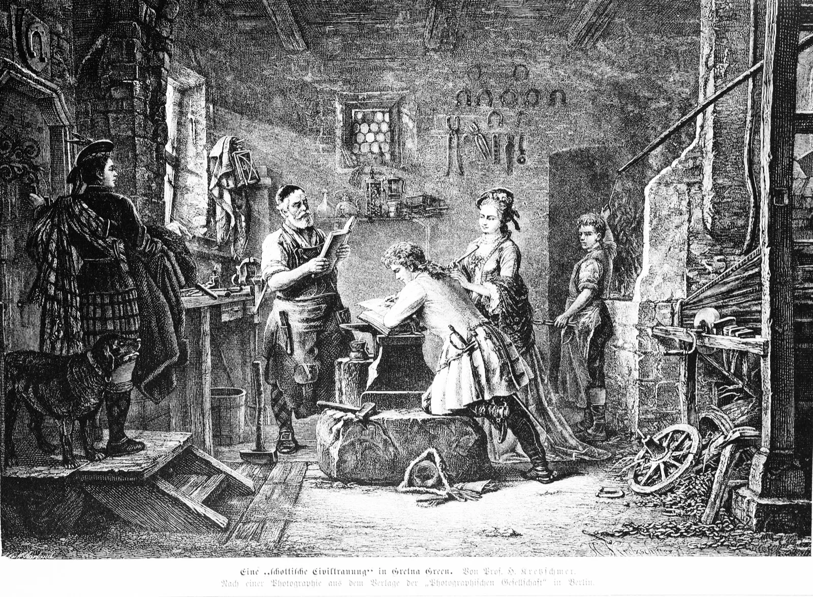 An engraving of a couple marrying at Gretna Green before a blacksmith
