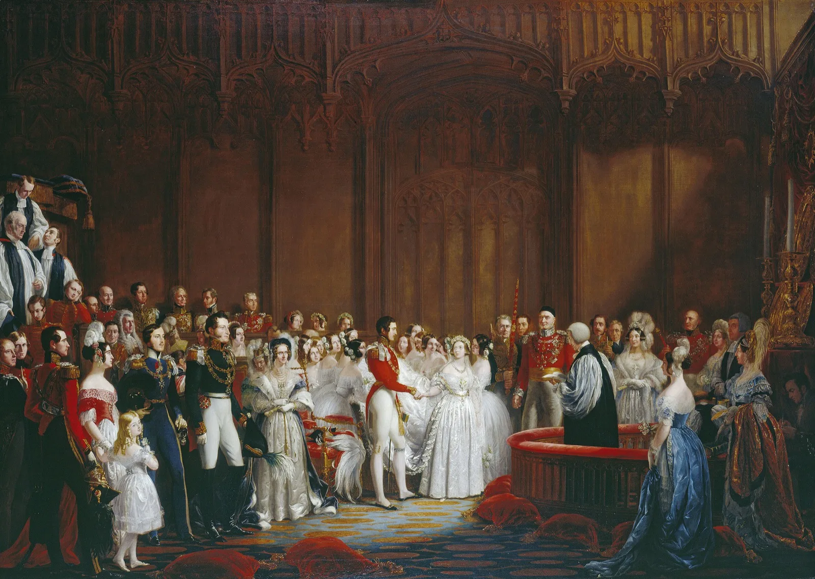 Queen Victoria and Prince Albert at the altar of the Chapel Royal, in Hayter’s painting of the wedding