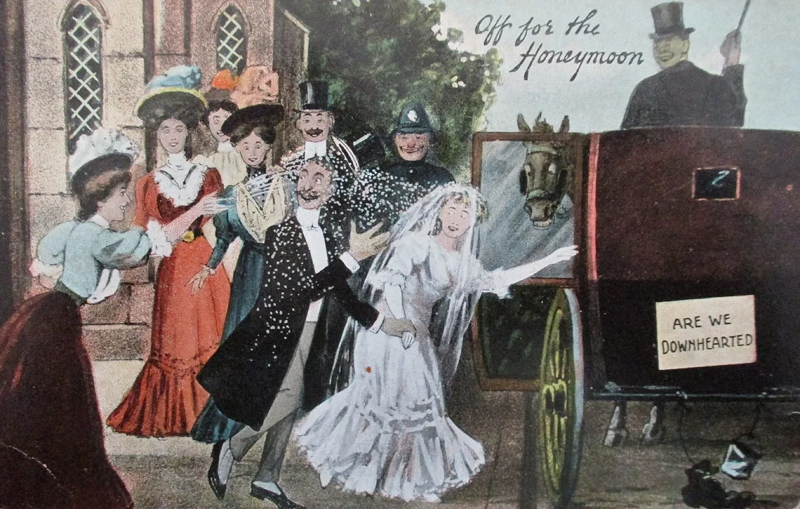 A comic postcard of a couple leaving on their honeymoon, about 1910