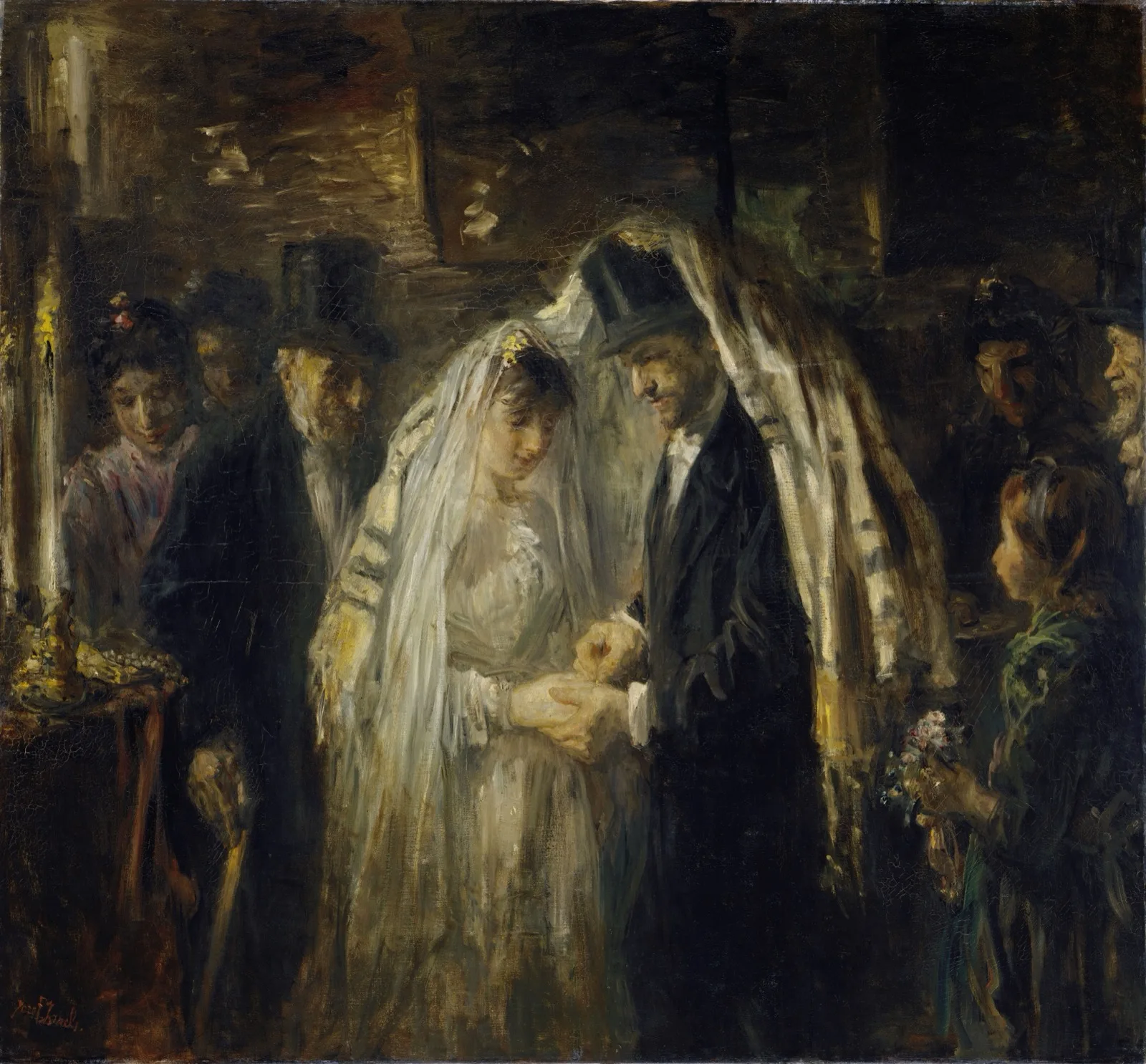 A painting of a couple beneath a prayer shawl as the groom places the ring