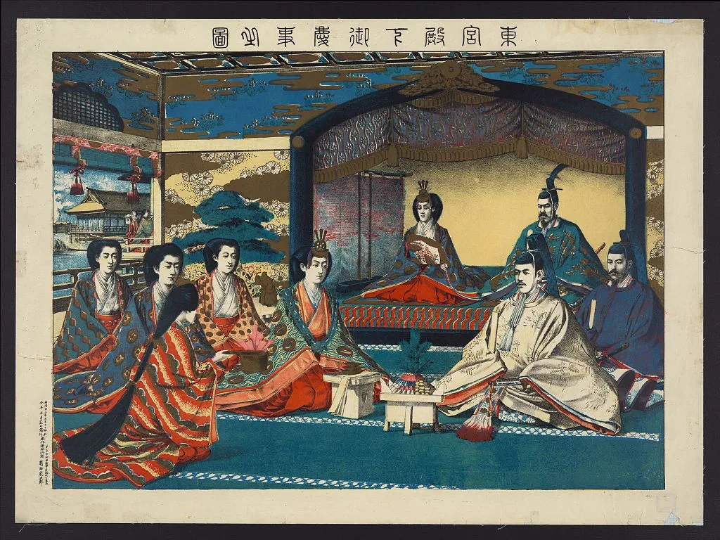 A colour print of the crown prince and princess seated beneath a canopy, the emperor and court seated around them