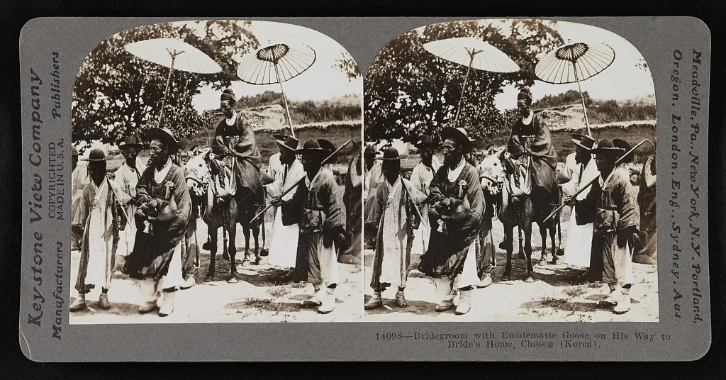 A stereograph: a bridegroom on horseback under parasols, an attendant in front carrying the wrapped goose