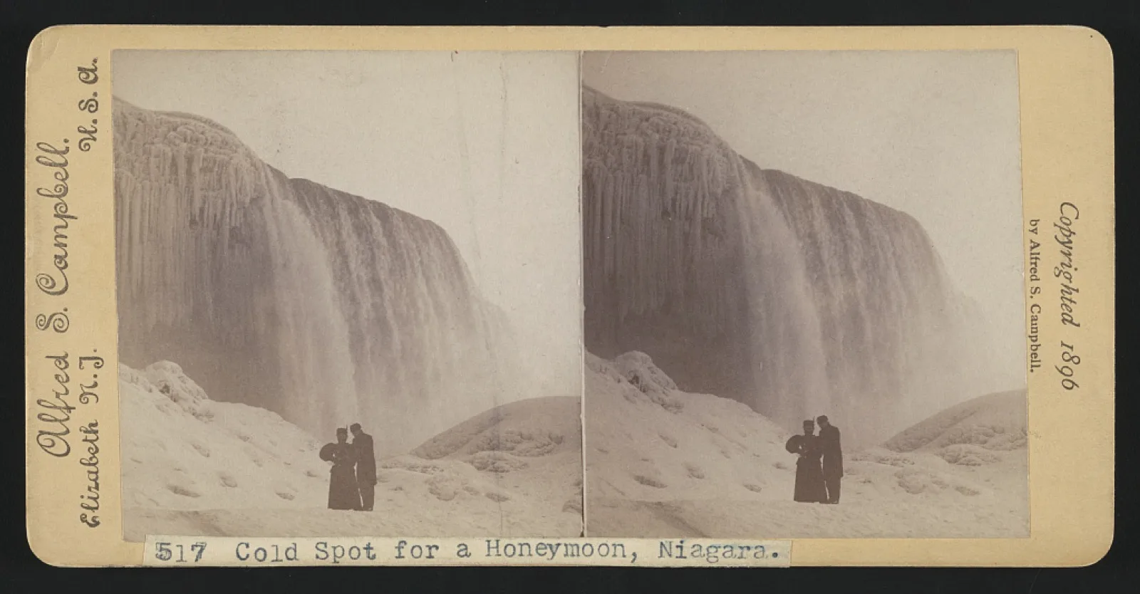 A couple standing before frozen Niagara Falls, 1896 stereograph
