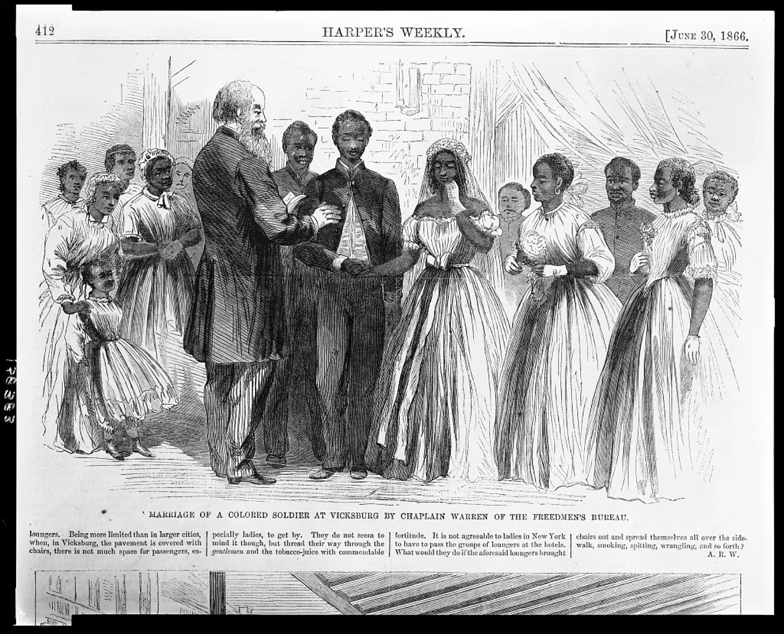 A wood engraving of a Freedmen’s Bureau chaplain marrying a Black soldier and his bride
