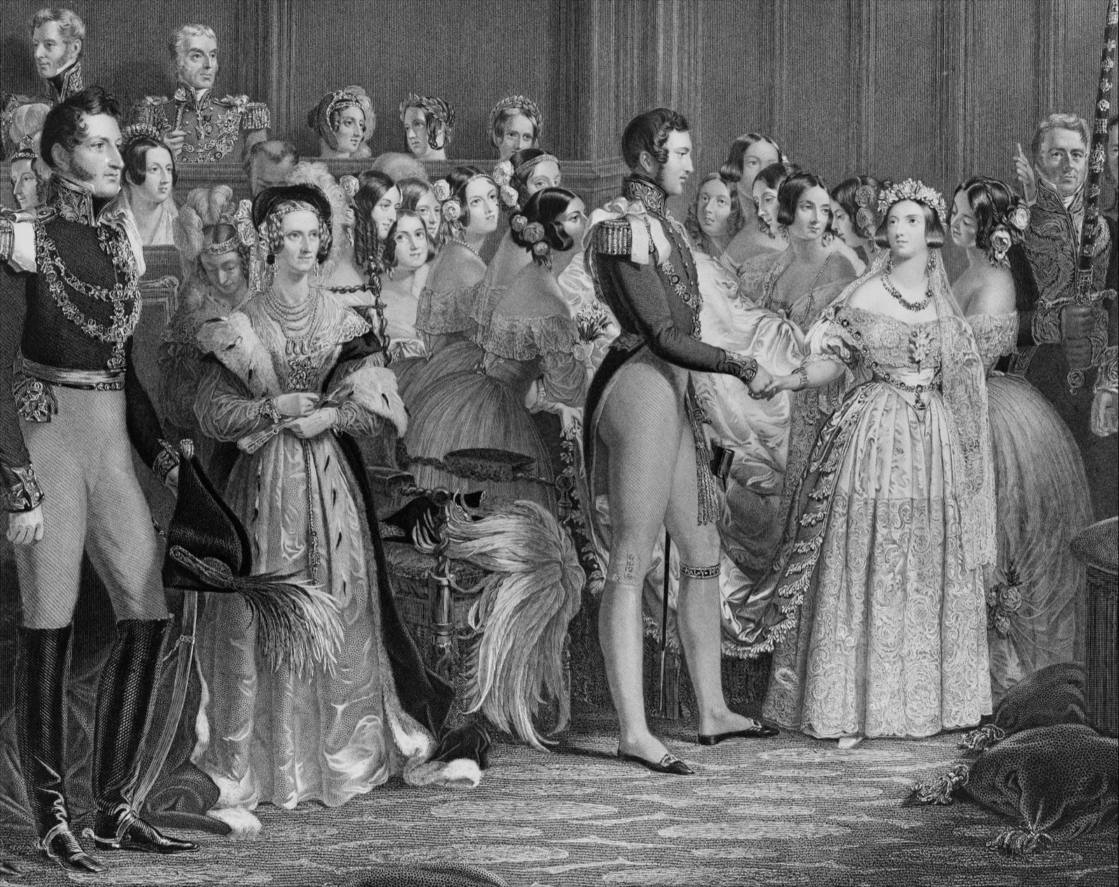 An engraving of a royal wedding in the Chapel Royal