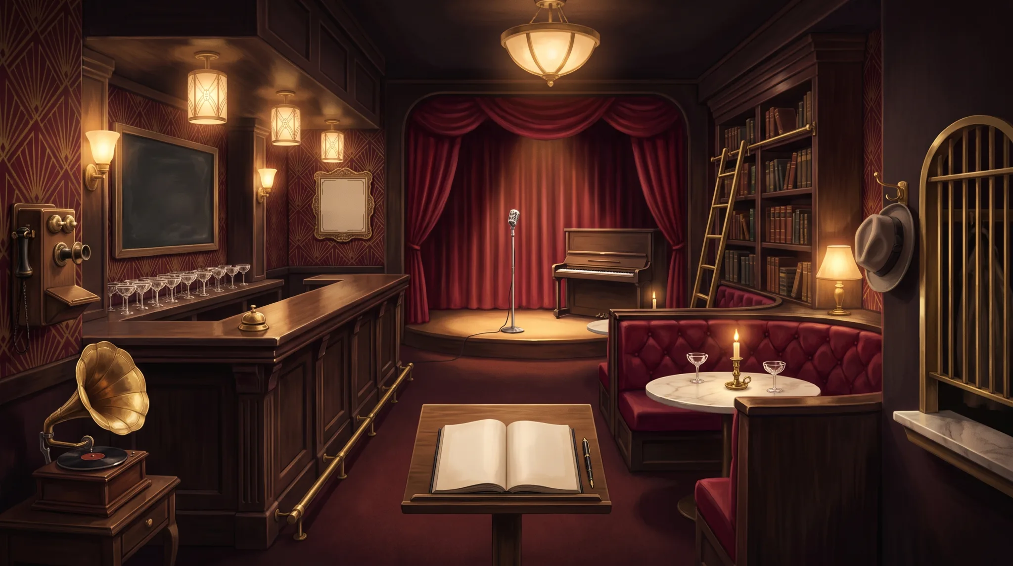 The lounge: a small jazz room in crimson velvet and brass. A bar on the left with a wall telephone and a chalkboard, a lit stage with a microphone and piano at the back, a tufted booth with a candle on the right, a wall of old books, a coat check by the door, a gramophone, and an open guest book on a stand.