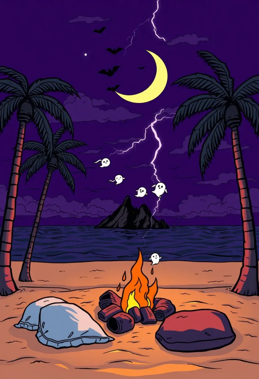 Illustration of a haunted tropical beach at night, a crescent moon and lightning over palm trees, small ghosts drifting above a campfire ringed with sleeping bags