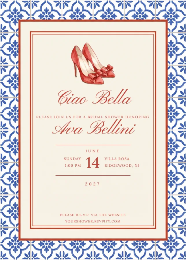 A bridal shower invitation with a blue Italian tile border, a pair of red heels at the top, and Ciao Bella in red script